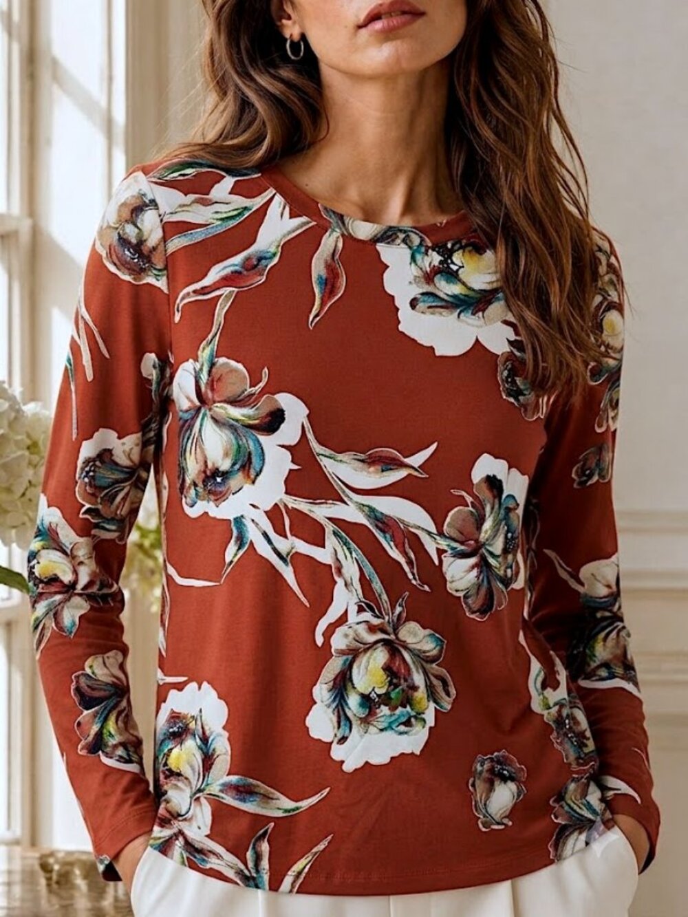 Chico's Burnt Orange Floral Long Sleeve Women's Colorful Stretchy Top Size Large